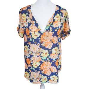 Daniel Rainn Short Sleeve Blouse Blue with Orange Floral Print Size Small